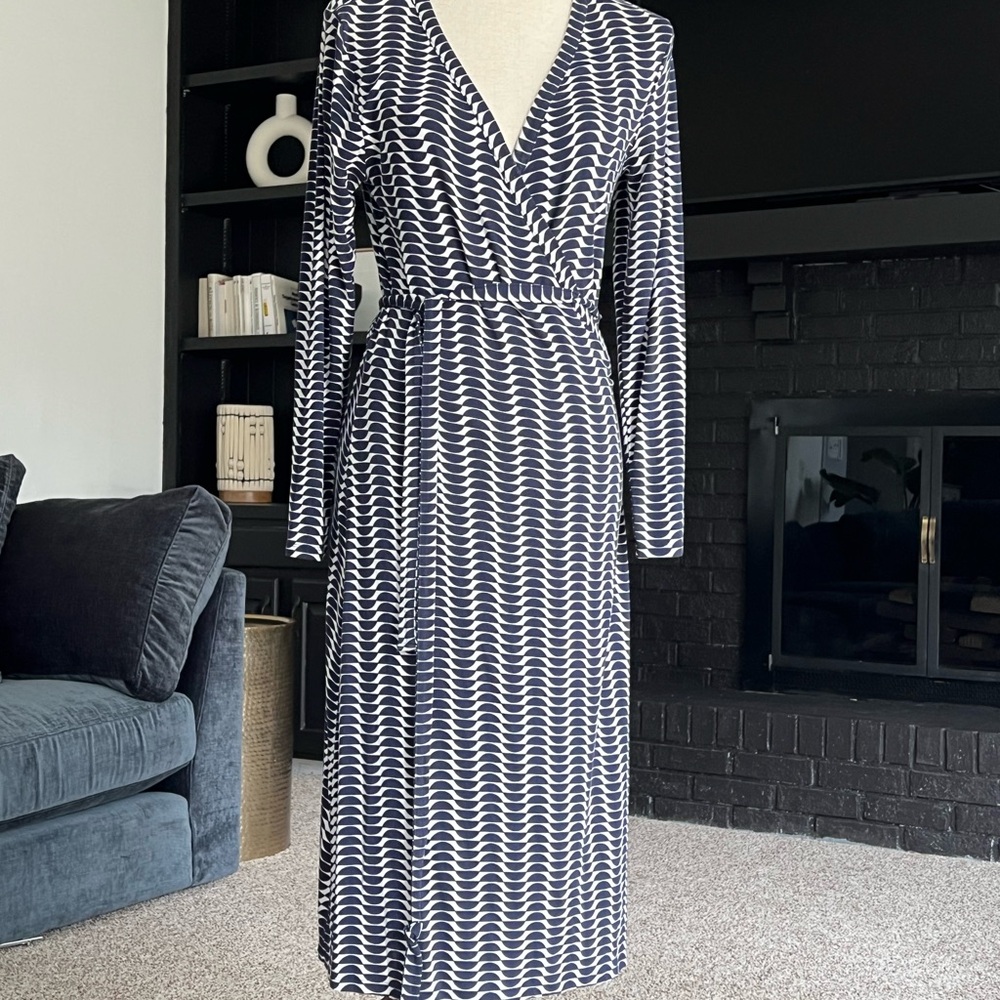 Boden Navy and White Patterned Wrap Dress Long Sleeve V-Neck